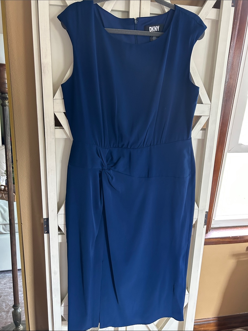 DKNY Royal Blue Cap-Sleeve Midi Sheath Dress with Waist Tie sz 12